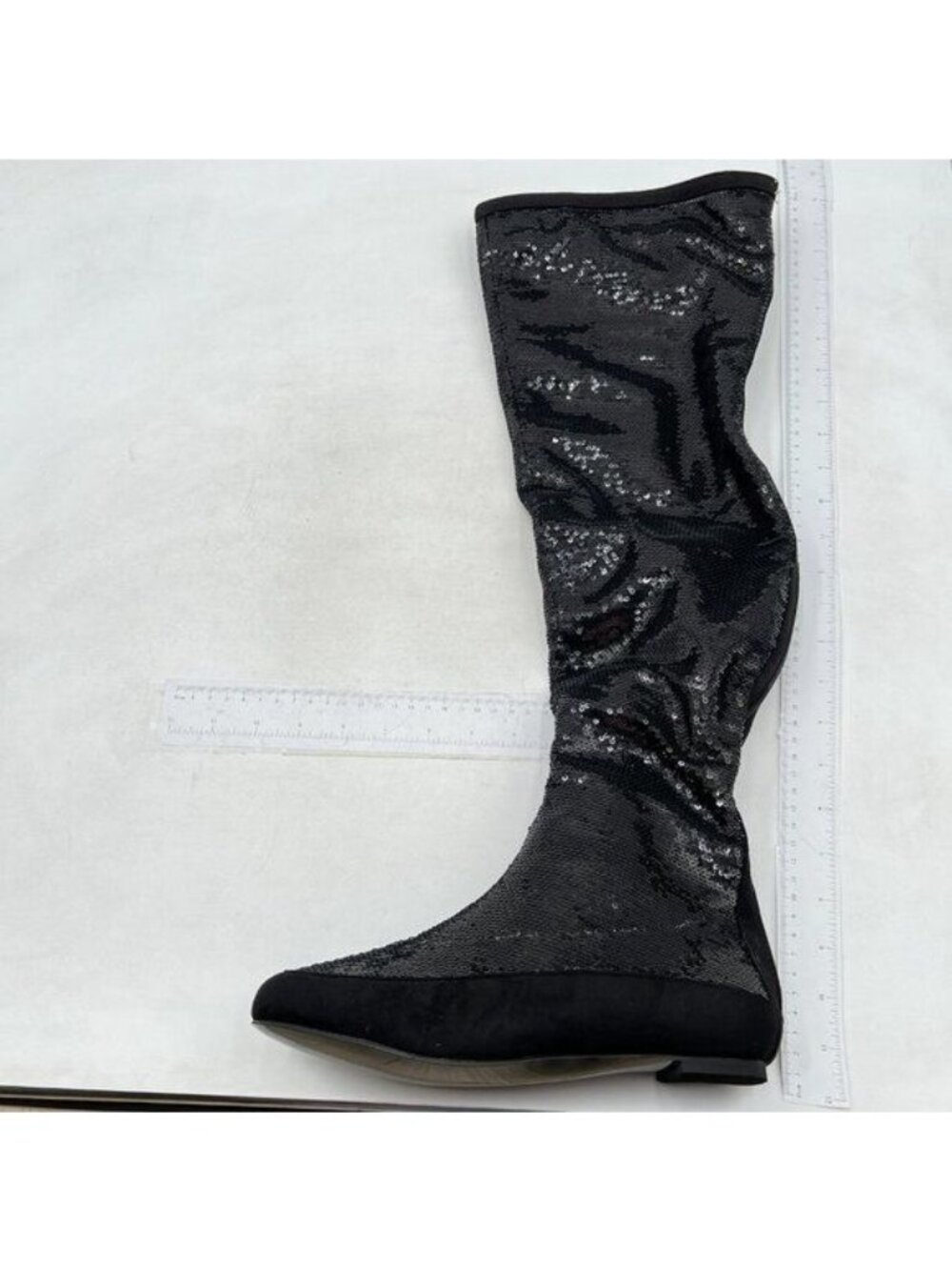 Glitter Sparkly Low Heel Thigh High Combat Boots Flat Over The Knee Boots Black